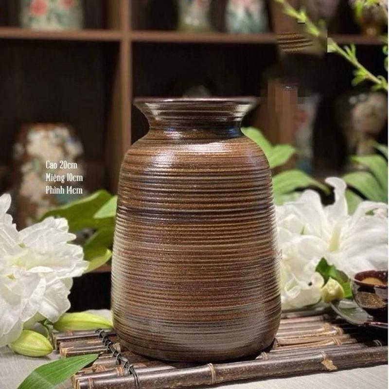 Bình Cắm Hoa Gốm Sứ Bát Tràng Men Nâu Mộc Vai Vuông ,Bình Miệng Loe Cắm Hoa Decor Phòng