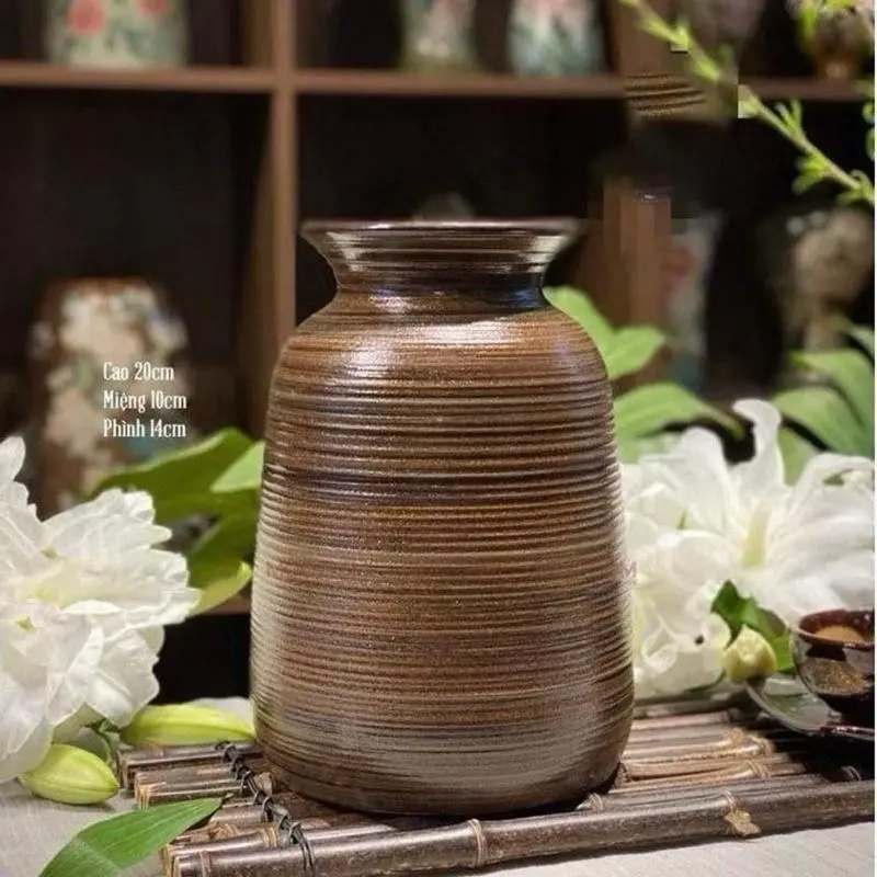 Bình Cắm Hoa Gốm Sứ Bát Tràng Men Nâu Mộc Vai Vuông ,Bình Miệng Loe Cắm Hoa Decor Phòng