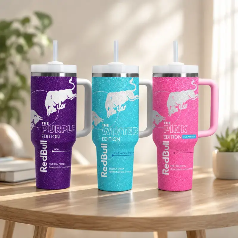 [Gift box and straw] Glitter Texture Red Bull Pink, Blue & White Edition 40oz Stainless Steel Tumbler With Handle and Straw  Stainless Steel Travel Cup  Gift for Energy Drink Fans