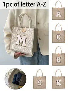 One Embroidered Letter Pattern Tote Bag, Floral Print Linen Tote Bag with Button Embellishments, Simple Large-Capacity Tote Bag, Multi-functional Shopping Bag, Trendy Tote Bag, Fashionable Tote Bag