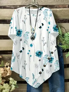 Plus Size Loose Short Sleeve Casual T-Shirt, Printed Floral Button Decor Round Neck Asymmetrical Hem Summer Women's Fashion Top