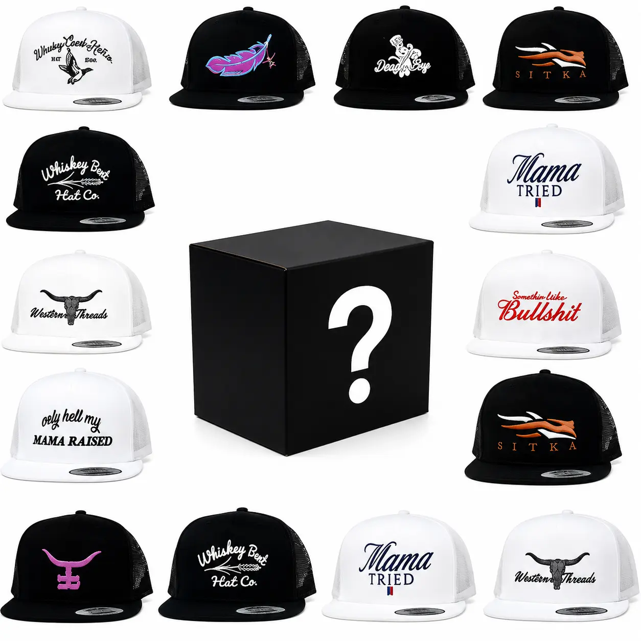 Classic Hat One Hat Sent, Snapback Box Classic Mama Tried Happy, Whiskey Creek, Feathered Outlaw, Dough Boy, Standin on, My Mama Raised Snapback