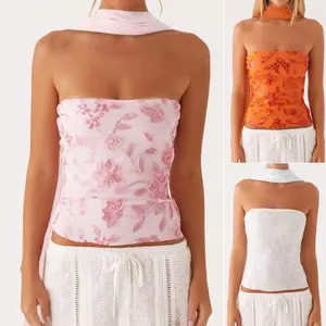 Women's Summer Sequin Tube Tops, Strapless Sleeveless Floral Bandeau Tops Going Out Shirts, Ladies Top for Indoor Outdoor Wear, Ladies Top for Daily Wear