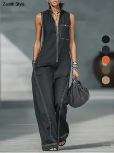 New Workwear Style Casual Long Pants, Sleeveless Stand Collar Wide Leg Pants, Versatile Women's Fashion Bottoms Jumpsuit