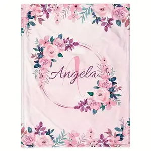 Creative Pink Floral Custom Name Blanket, Lightweight Soft and Warm Flannel, Digitally Printed for Sofa Bed Travel Camping, Gift for Friends and Family