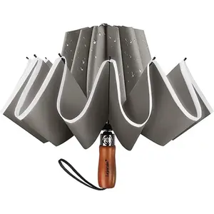 Large Reverse Umbrella -50 Inch Windproof Folding Inverted Umbrella - Upside Down with Safety Reflective Strip