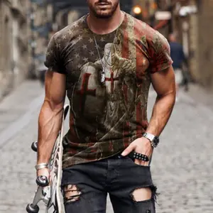 God Religion Christ Jesus Cross Print Summer Men's Round Neck T-shirt Casual Short Sleeve Oversized Fashion Top Men Clothing Cotton Breathable Lightweight Stylish Streetwear Daily Wear