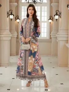 Women's New Boho Floral Embellished Print Abaya Dress, Long Loose-Fitting Jalabiya Gown for All Seasons, Arabic Kaftan Evening Party Dress, Bohemian
