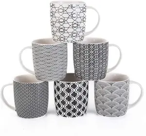 Set of 6 11.5 oz Coffee Mugs with Black and White Geometric Patterns, Ceramic  Cup Set