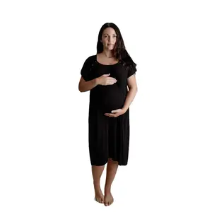 Plus Size Three Little Tots Ribbed Black Labor and Delivery Nursing Hospital Gown - Stretchy, Breathable, and Soft