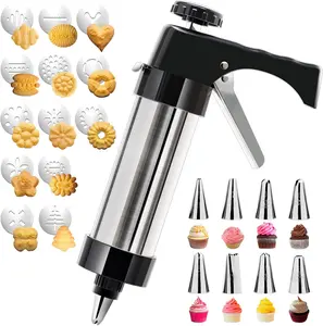 Stainless Steel Spritz Cookie Press Gun Kit with 13 Discs & 8 Icing Piping Tips, Cookie Maker Decorating Gun for Cookies Cakes Pastry Dessert Baking Decoration