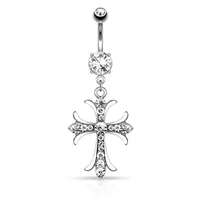 Celtic cross, inlaid with gemstones, bell shaped navel ring