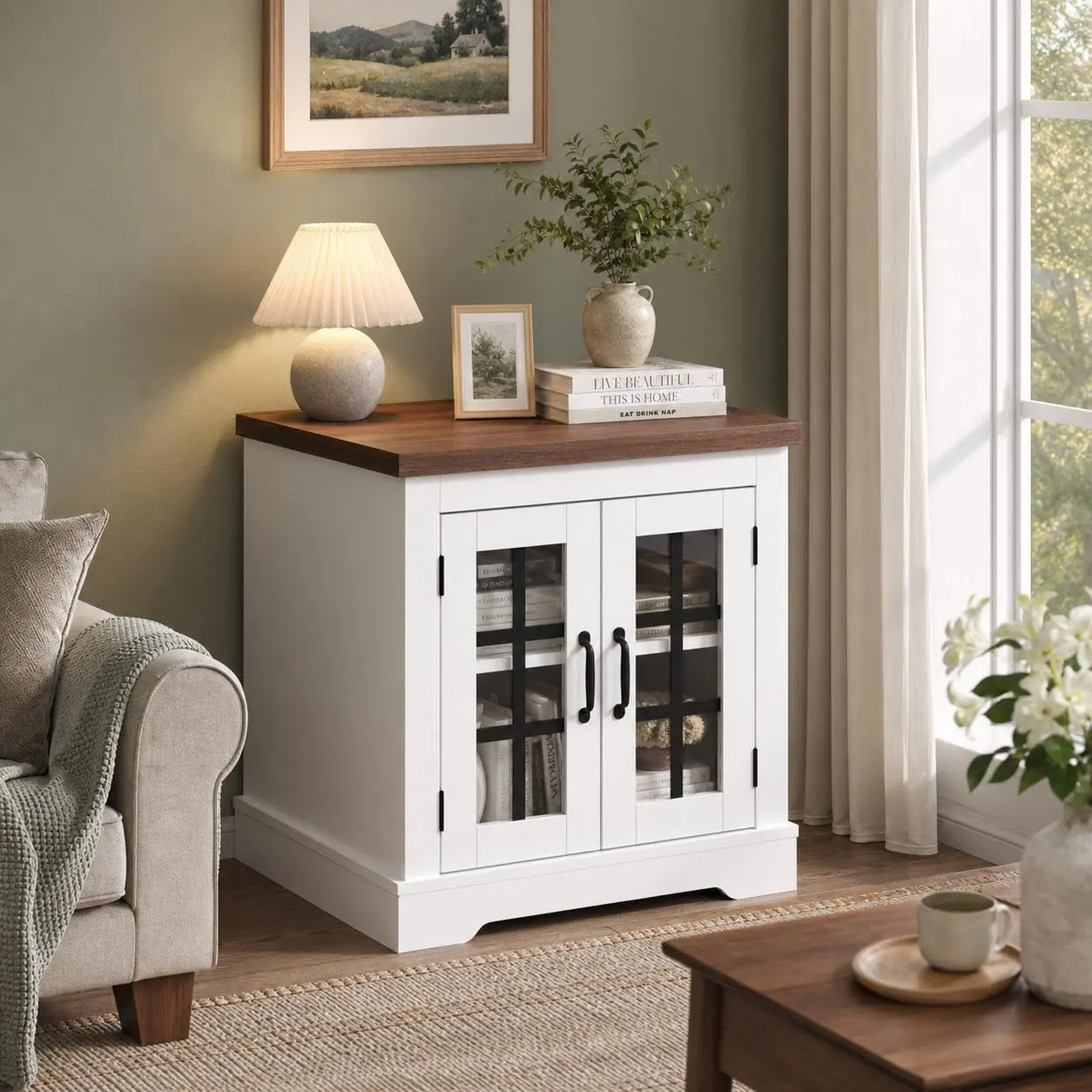 Contemporary Solid Wood Sideboard Buffet Cabinet - Single Unit Indoor Furniture with Walnut Wood Top Plate, Glass Doors, Built-in Power Outlet, Solid Black Finish, Thick Base, Modern Compact Space-Saving Design for Kitchen, Living Room, Classic