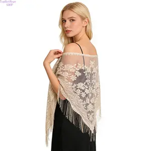 New Floral Breathable Lace Triangle Scarf Shawl for Women, Classic Polyester Tassel Decor Wrap, European American Boho Stylish Accessory, Lightweight Versatile Piece for Daily Wear, Vacation Outfits and Evening Occasions