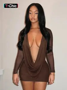 Women's Fashion Chic Plain Mesh Backless Long Sleeve Dress, Sexy Slim Fit Design, All Seasons Casual Wear, Daily Leisure Style