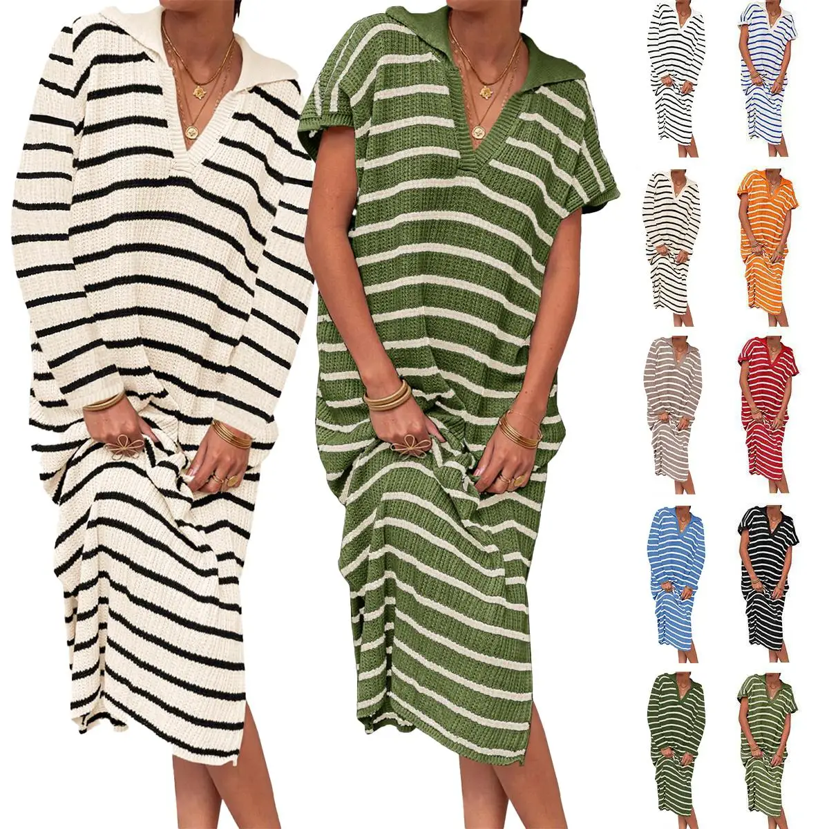 Imily Bela Womens Striped Summer Dresses Short Sleeve V Neck Knit Collared Sexy Slit Loose Maxi Sweater Dress