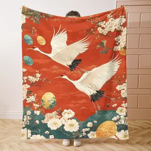 Flannel Blanket - Featuring Red And Golden Cranes with Cherry Blossom Patterns, a Soft Shawl Suitable for All Seasons, Perfect for Beds, Sofas