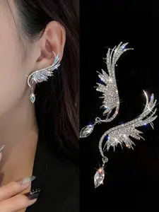 Angel Wing Fairy Teardrop Ear Cuffs, High-End Sparkling Rhinestone Ear Bone Clips, Elegant Lady Evening Party Jewelry