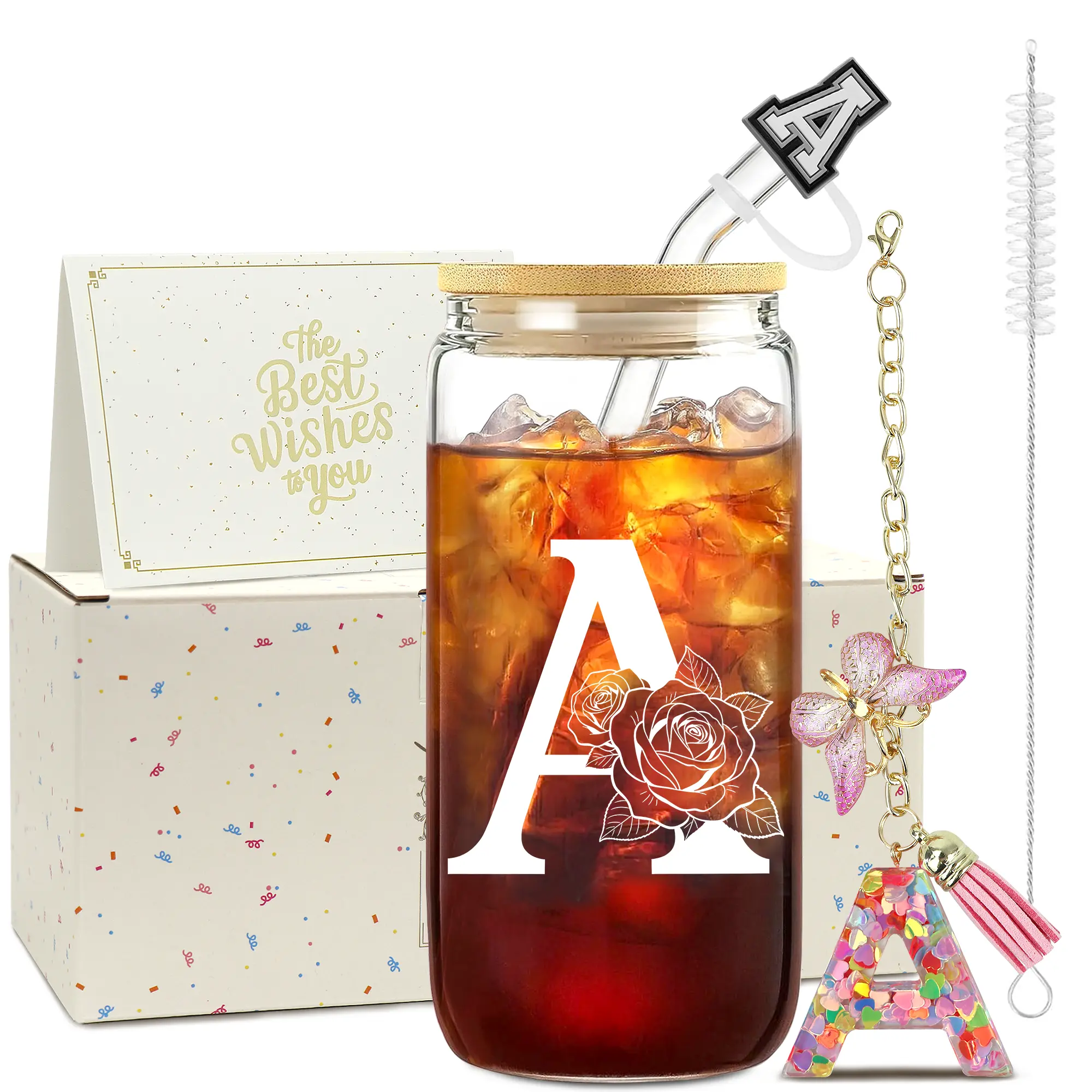 ZIOSINM Portable Letter Print Premium Thick Glass Tumblers Set with Lid and Straw - Reusable, Washable, Glass Juice Bottles , excellent for Iced Coffee, Cola, Milk Tea, Smoothies & Cocktails, Gift for Women