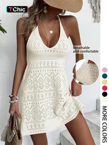 Women's Spring Summer Holiday Casual Wear Halter Backless V-Neck Hollow-Out Knit Dress, Sleeveless Loose-Fitting Beach Vacation Top