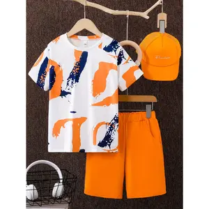 New2pcs Boys Casual Colorful Letter Print Comfortable Versatile Short Sleeve T-shirt & Shorts & Cap Set, Cool, Lightweight And Comfy Summer Clothes For Daily & Outdoor Wear