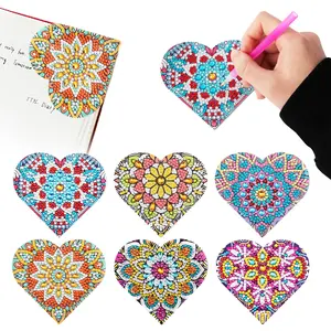 6pcs Diamond Painting Bookmarks, PU Leather Heart Mandala Bookmark, DIY Diamond Art Kit, Student Reading Gift, Adult Stress Relief Craft Set
