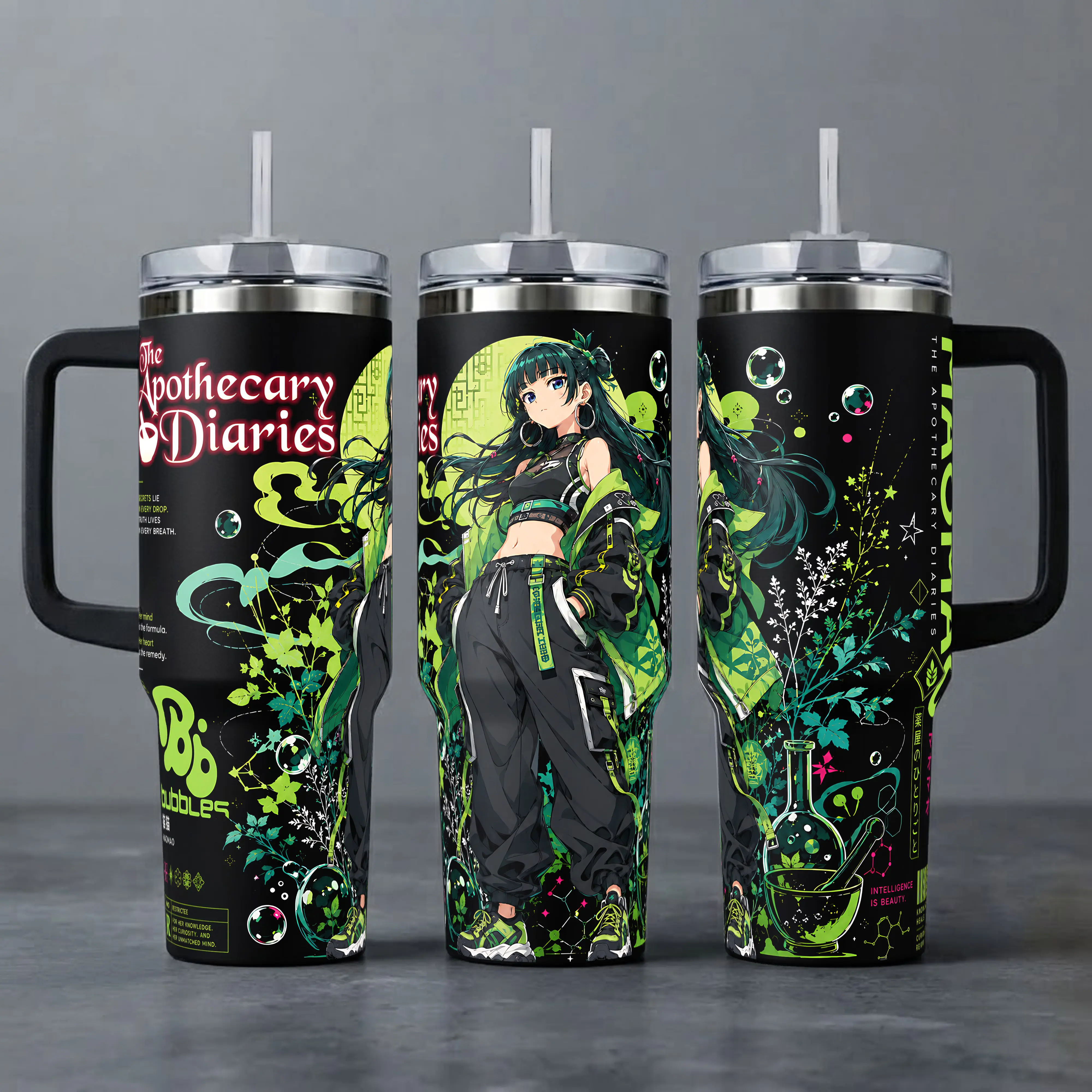 MaoMao The Apothecary Diaries Printed Insulated Tumbler, Green-Black Anime Streetwear Full-Wrap Stainless Steel Reusable Coffee Cup (20oz/40oz) with Silicone Straw Lid, 40oz Handle Option