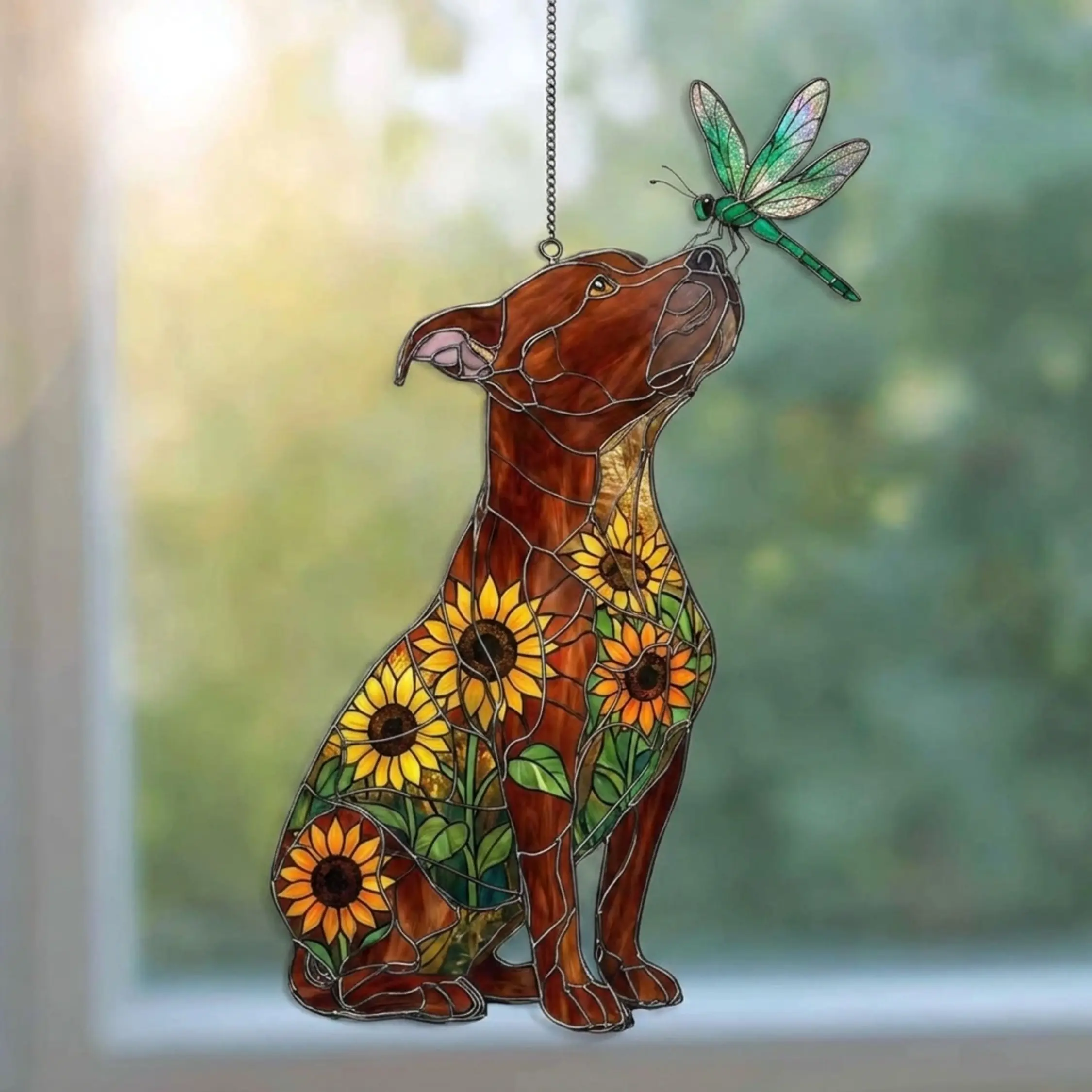 Pit Bull Stained Acrylic Suncatcher with Sunflowers & Dragonfly, Dog Lover Window Hanging Decor