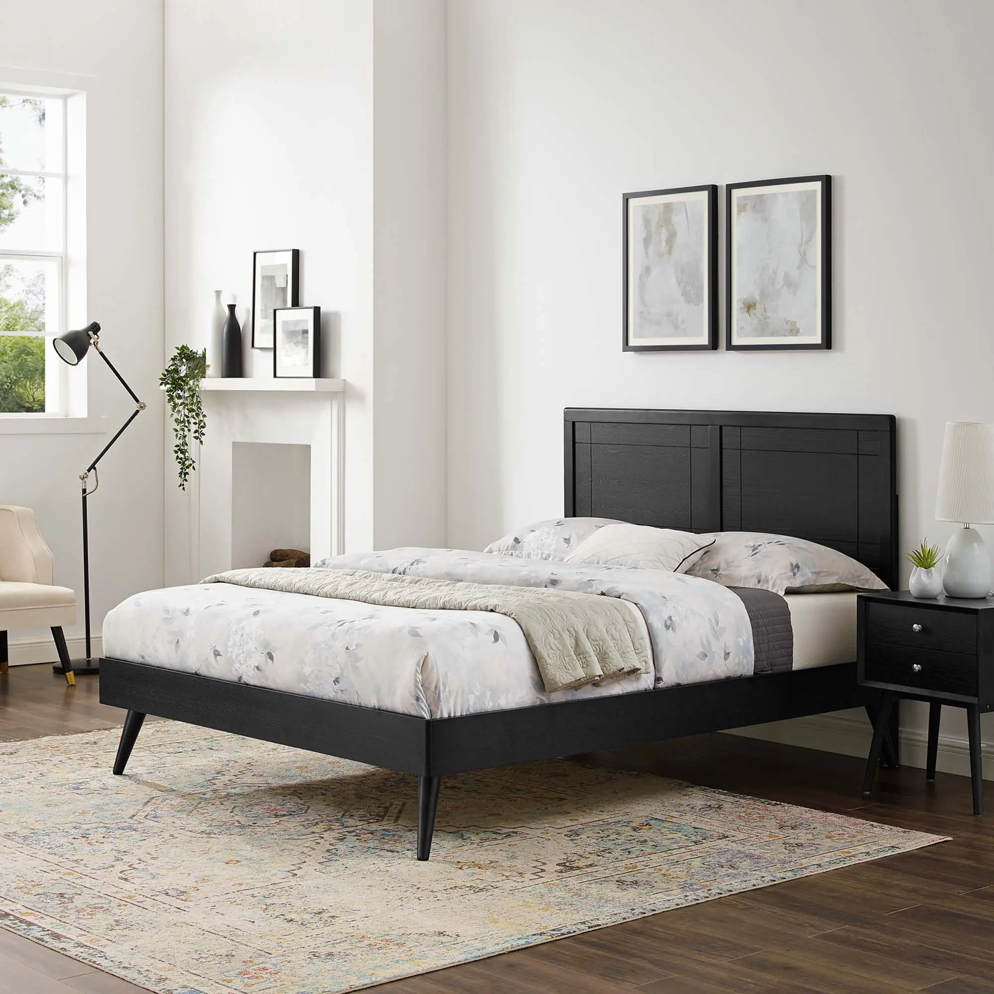 Modway Marlee Queen Wood Platform Bed With Splayed Legs in Black, Queen Size Bed Frame, Slatted Bed Base