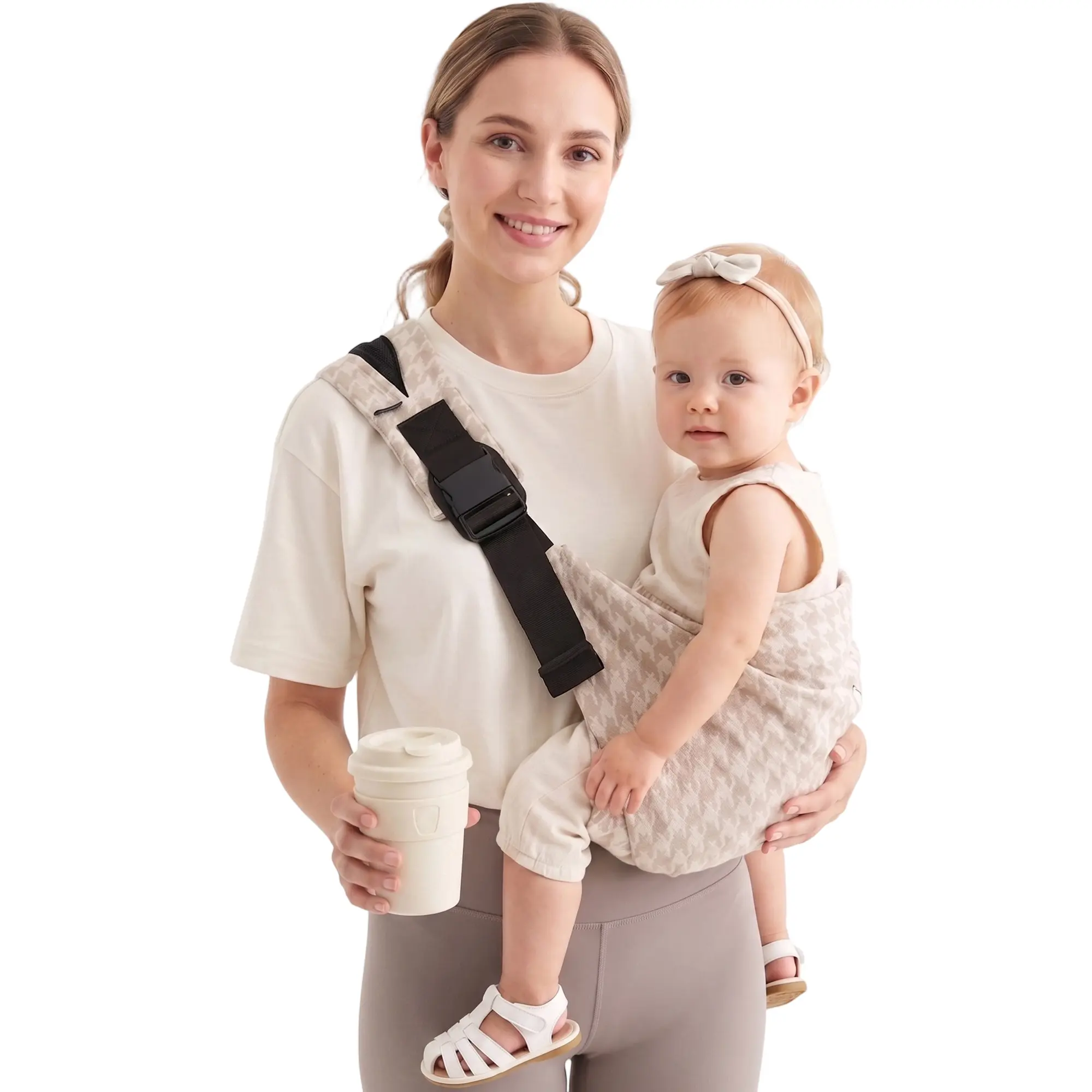 2026 Upgrade Houndstooth Baby Sling Carrier - Cotton Linen, Padded Leg Support, Hands Free, Breathable, Front-Mounted Toddler Carrier Sling, Hands Free Carrier