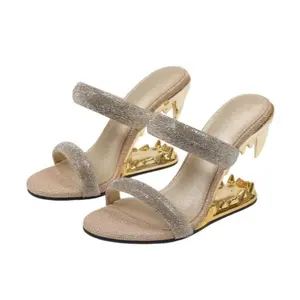 Avant-Garde Sculpture Heel Rhinestone Sandals with Shark Tooth "Bite" Motif, Dual Glitter Straps, Metallic Gold Sculpted Architectural Heel, Open Square Toe, Slip-On Mule Silhouette – High-Fashion Statement Party Footwear