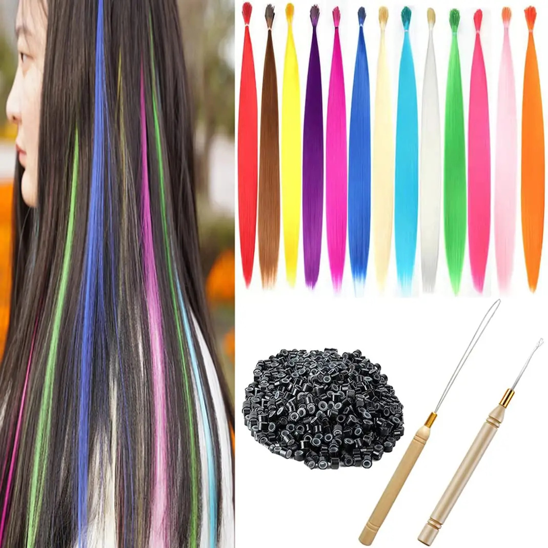 13 count/Lot 20'' Synthetic Rainbow Hair Extensions kit Colored Hair Pieces +50  Silicone  Beads+2  Crochet Hooks (20 Inches, 13 count)
