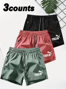3-Pack Quick-Dry Gym Shorts, Beach Surfing Running Casual, Tiger Letter Print, Ice Silk Breathable Fabric, Unisex Sportswear