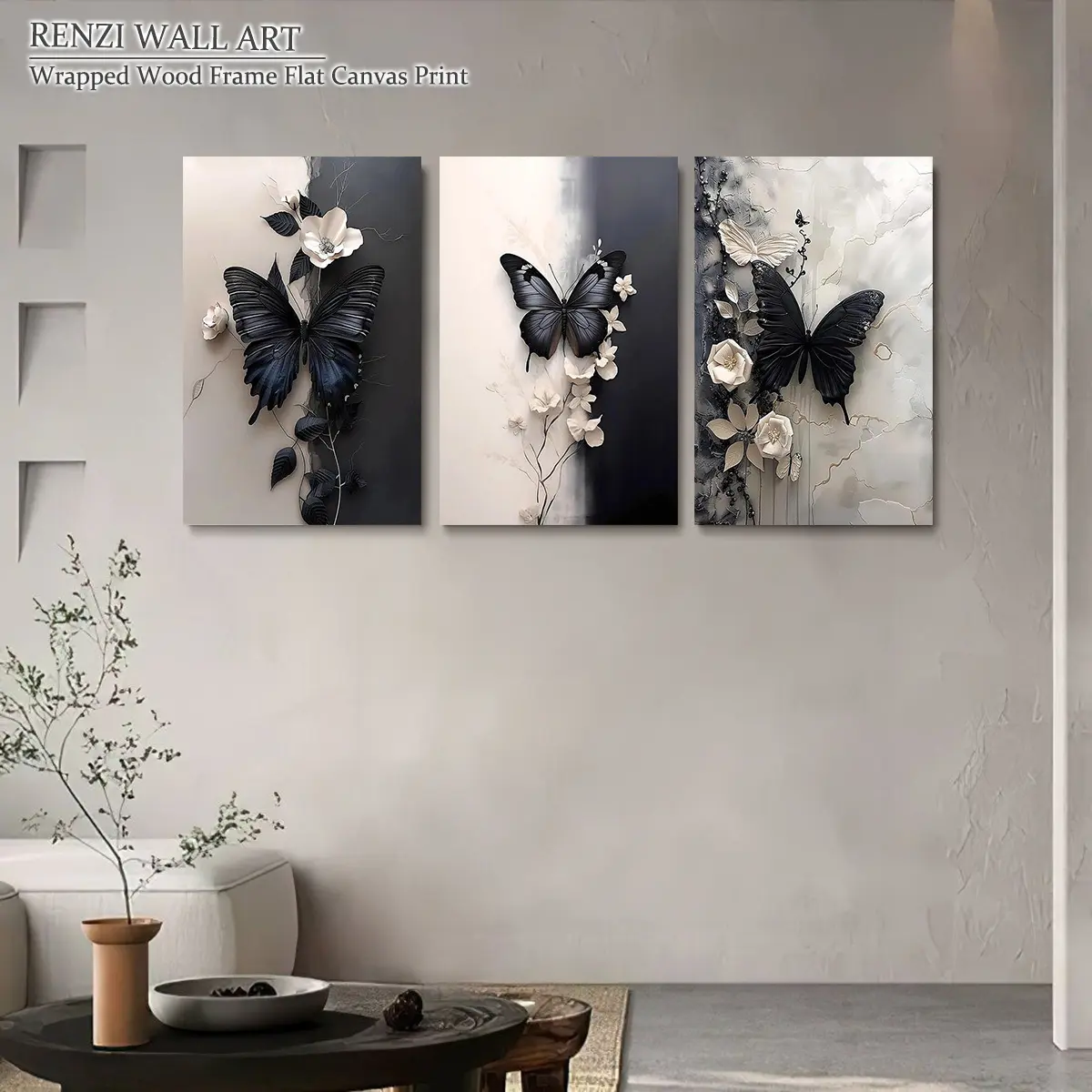 3 Pack Packaging Frame Canvas Poster Fashion Black Butterfly and White Flower Canvas Print, Black and White Flower Art-Canvas Wedding,  Easter, Halloween, Engagement, Graduation, Anniversary Decorative Painting Gift Hanging Room Wall Artistic Photo