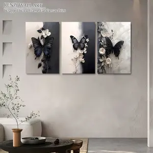 3 Pack Packaging Frame Canvas Poster Fashion Black Butterfly and White Flower Canvas Print, Black and White Flower Art-Canvas Wedding,  Easter, Halloween, Engagement, Graduation, Anniversary Decorative Painting Gift Hanging Room Wall Artistic Photo