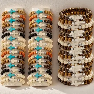 48Pcs Bohemian Wood Bead Cross Bracelet - Multi-Layer Stackable Suitable for Stacking, Colorful Beads & Cross, Unisex for Men &, Casual Attire, Cultural Jewelry Gift for Couples, Year-Round Neutral Design