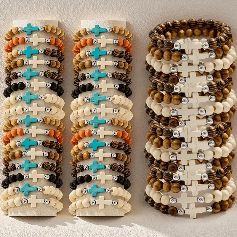 Colorful Wood Bead Bracelet Set, 48-Piece Bohemian Stacks for Women & Men with Cross Design Charms, Casual Arm Candy Accessories