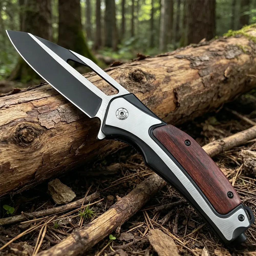 DA130 Folding Pocket Knife 3.43 in 5Cr13Mov Blade Stainless Steel Inlaid Wood Handle Durable EDC Outdoor Camping Knives