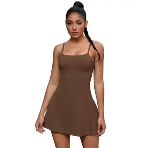 INSPIRE CHIC Women's Spaghetti Strap with Built-in Bra and Shorts Workout Side Slit Square Neck Full Slips Brown Medium