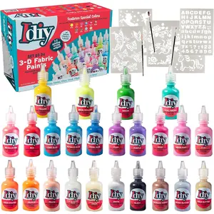 iDIY Fabric Paints- Set of 24 (1oz bottles) Ultra Bright 3D Colors- Glitter, Metallic, Glow in Dark, Neon, Stencils & Brushes, Non-Toxic, Permanent
