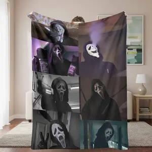 Ghostface Flannel Blanket Horror Mask Print Soft Cozy Warm Durable Washable Perfect for Halloween Parties Movie Nights Home Decor Gifts