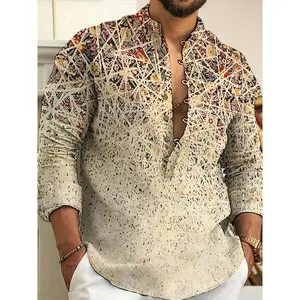 Men's Fashion Color-Block Striped Casual Shirt - Long Sleeve, Stand Collar Buttons, 100% Polyester, Machine Washable - Perfect for Daily and Casual Activities