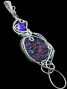 Sterling Silver Large Titanium Purple Drusy Druzy Elven Elvish Victorian Fantasy Wire Wrapped Gemstone Pendant Necklace Amulet