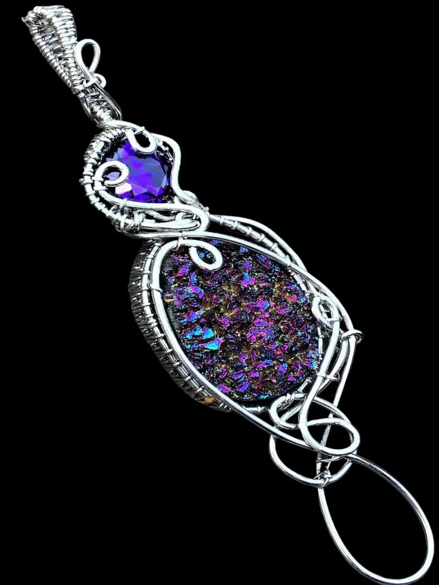 Sterling Silver Large Titanium Purple Drusy Druzy Elven Elvish Victorian Fantasy Wire Wrapped Gemstone Pendant Necklace Amulet
