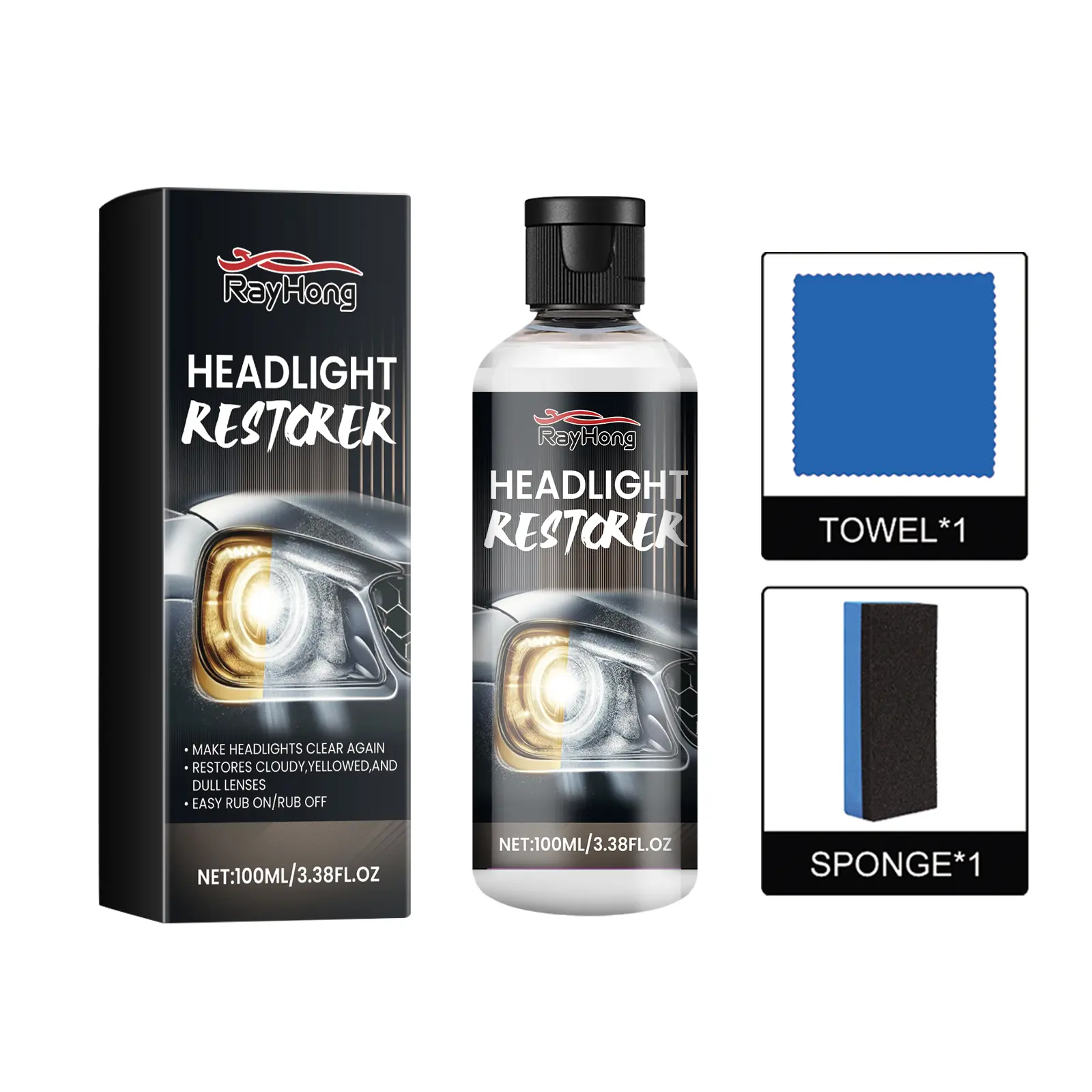 Rayhong Car Headlight Restorer Liquid - Laureth-7 Paint Care Polishing Coating, Easy-to-Use for Scratch Repair, Removes Oxidation, Surface Damage, Brightening, Improves Night Driving Safety