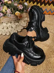 Women's High-Top Casual PU Leather Shoes, Thick Sole Invisible Heel, Comfortable Walking, Fashion Lace-Up Large Size Boots, Leather Ankle Boot