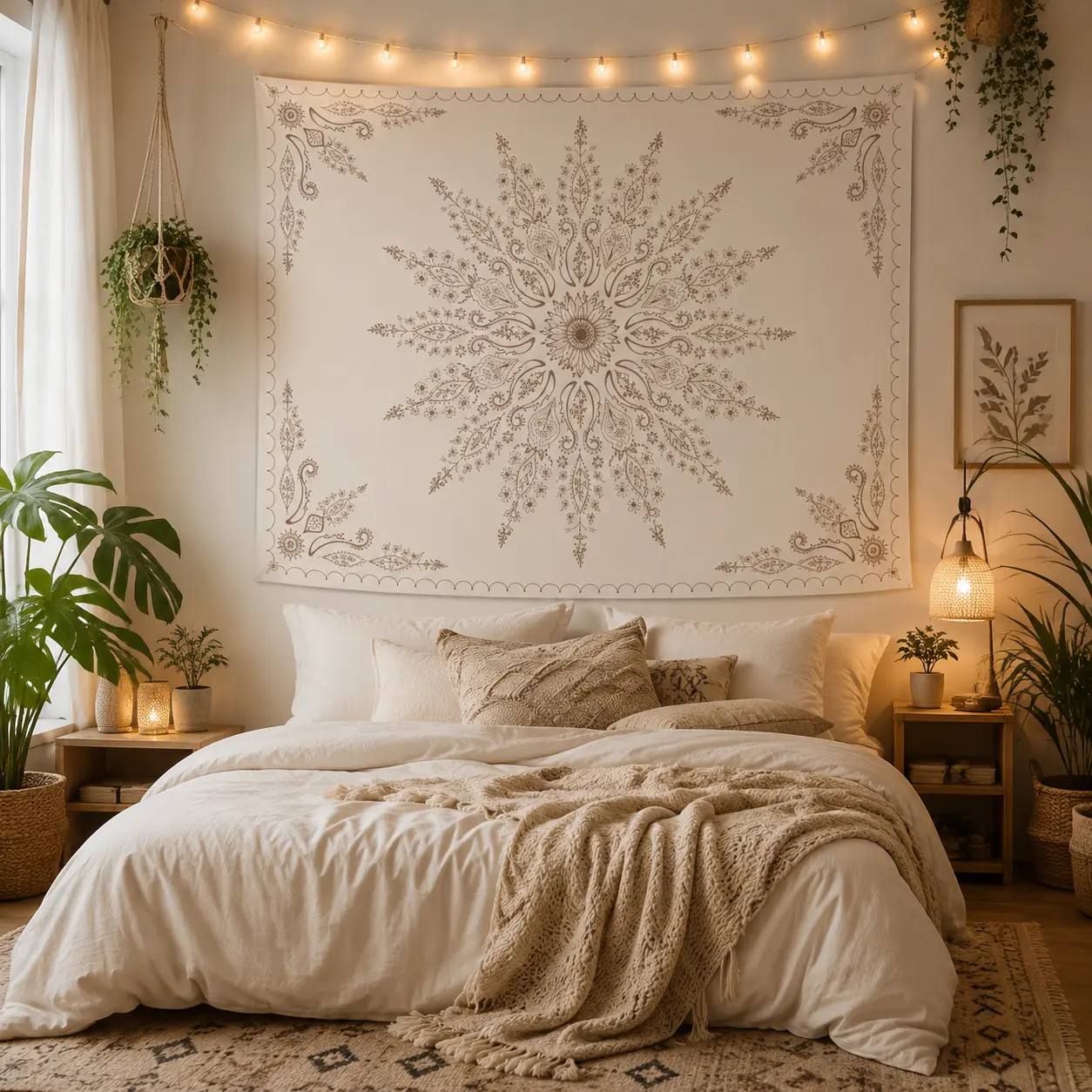 Boho Floral Mandala Tapestry for Bedroom Aesthetic Bohemian Flower Wall Tapestry Beige Hippie Indian Small Tapestries Wall Hanging for Living Room Dorm Decor Lightweight Decoration