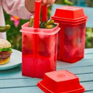 Tupperware Two Pick A Deli Containers 4 1/2 Cup Chili Red Removable Strainer for Easy Storage and Serving
