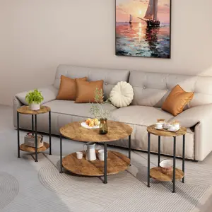 3-Piece Round Coffee Table Set with Storage, Modern Farmhouse Coffee & End Tables for Living Room, Rustic Brown