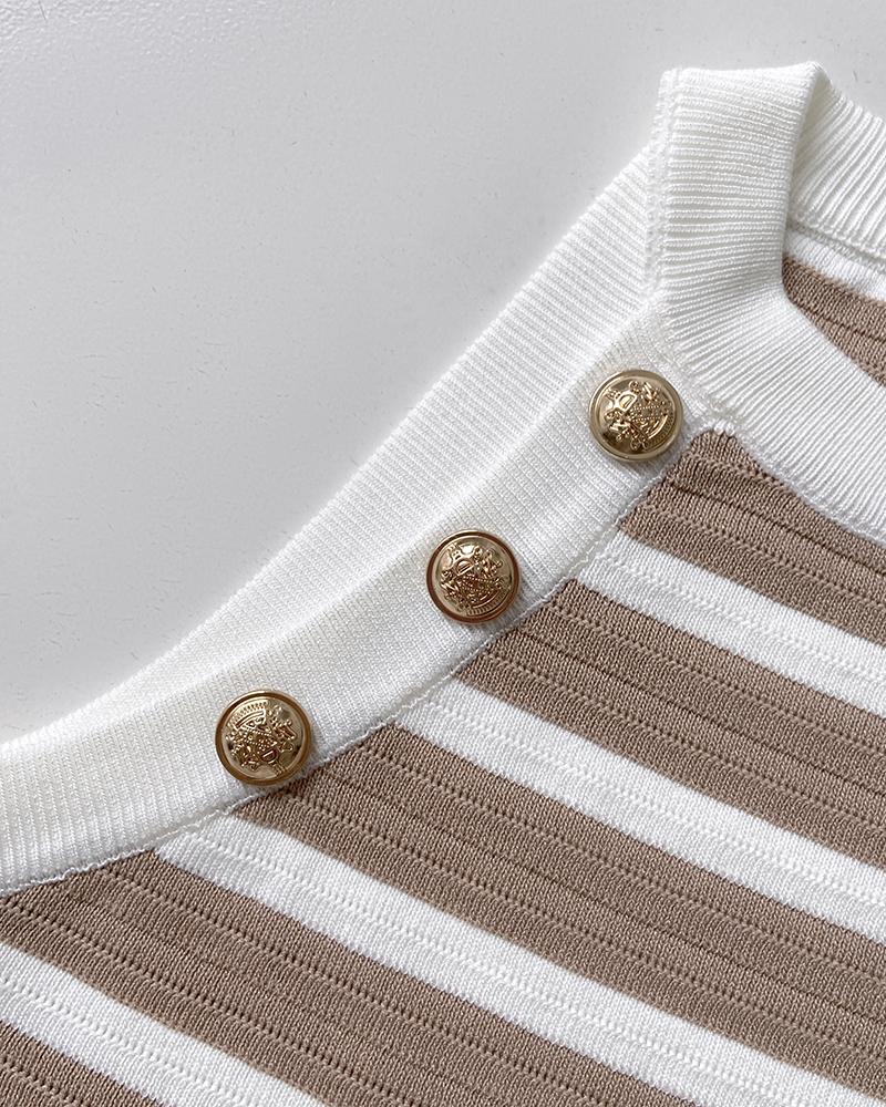 ChicMe Women's Striped Halter Golden Button Decor Tank Causal Sleeveless Breathable Knit Top